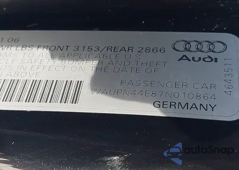 2007 Audi S8 5.2 z USA, uszkodzony, nr VIN WAUPN44E87N010864